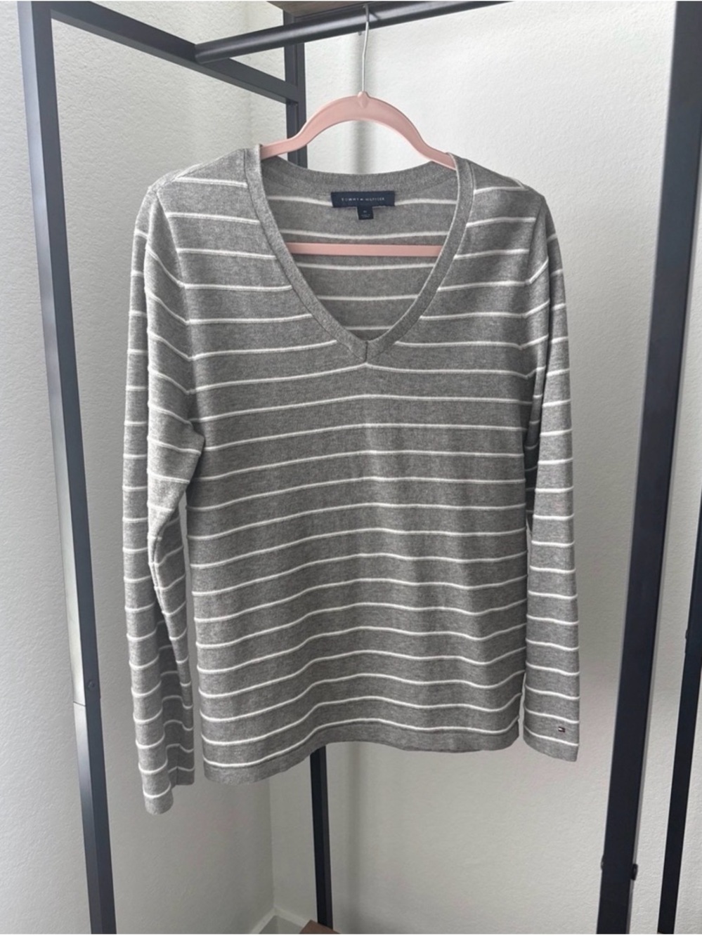 Tommy Hilfiger Gray and White Striped V-Neck Sweater